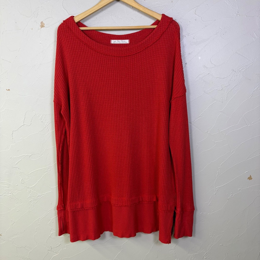 We The Free Free People Waffle Knit Tunic Top Women Medium Red Oversized Boho